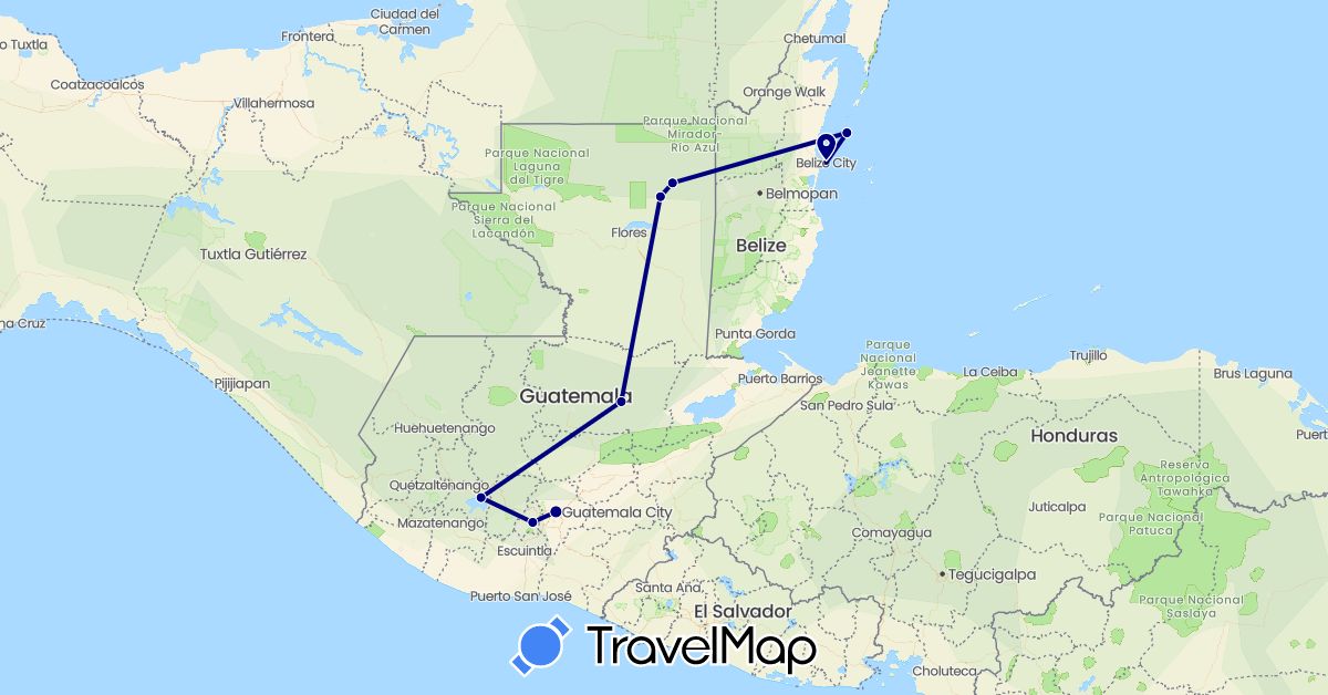 TravelMap itinerary: driving in Belize, Guatemala (North America)